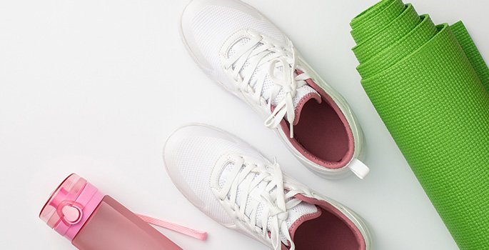 fitness gear, shoes, towel, mat, water bottle